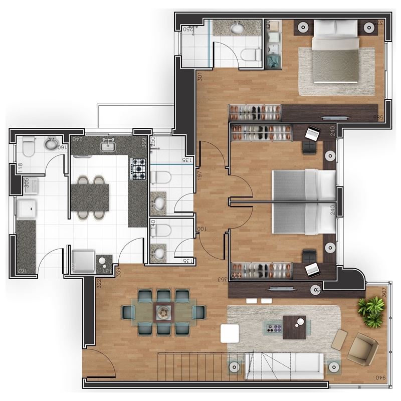 Planta 05 - 3 dorm 217 98m� - cobertura duplex inferior
