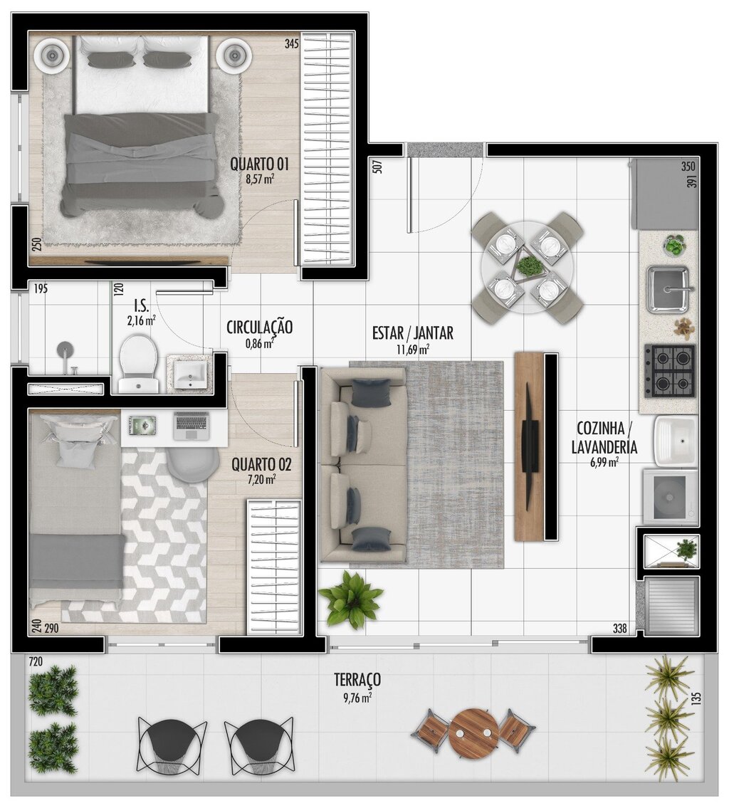 Planta 05 - 2 dorm 54,35m² - garden