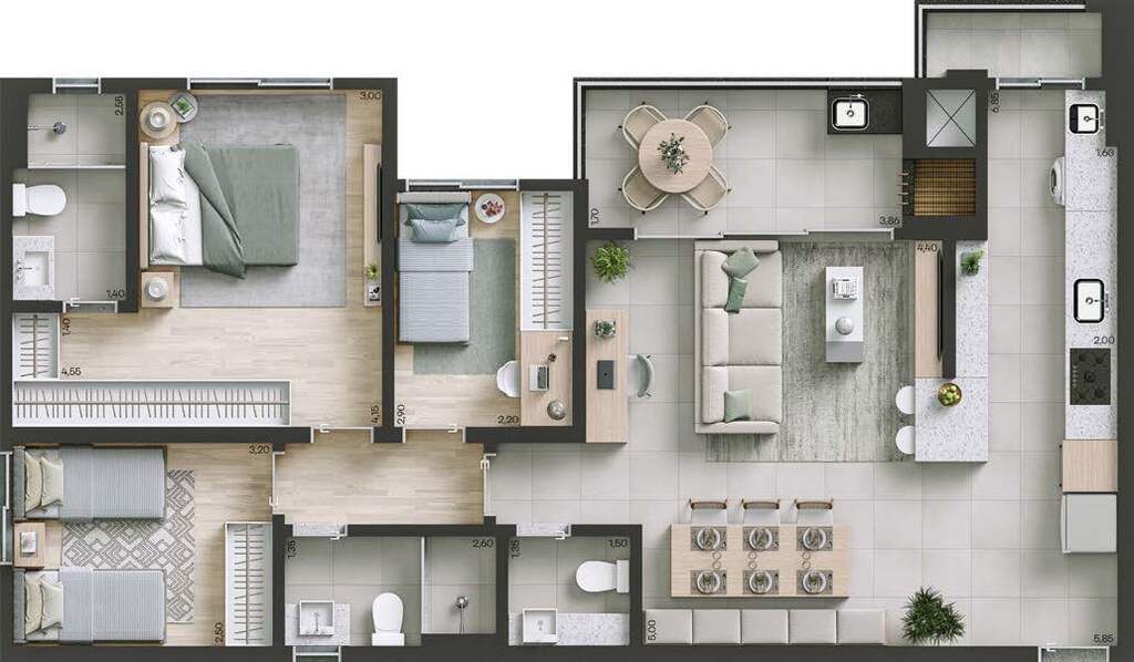 Planta 04 - 3 dorm 98m²