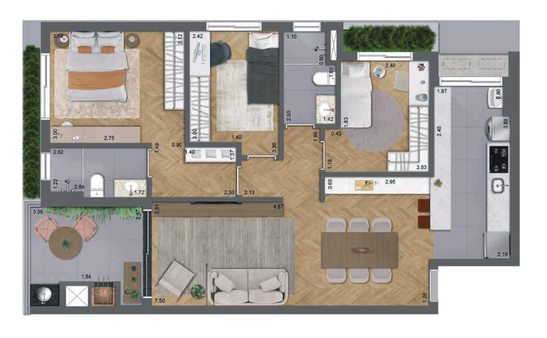 Planta 01 - 3 dorm 94m²