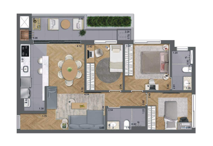 Planta 12 - 3 dorm 79 76m² - opção