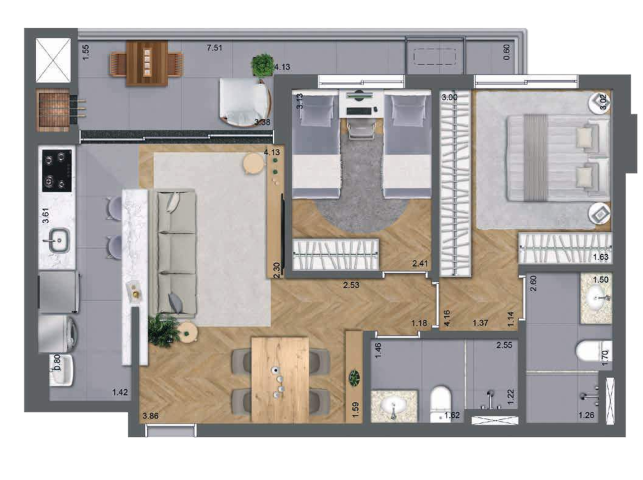 Planta 05 - 2 dorm 68m²
