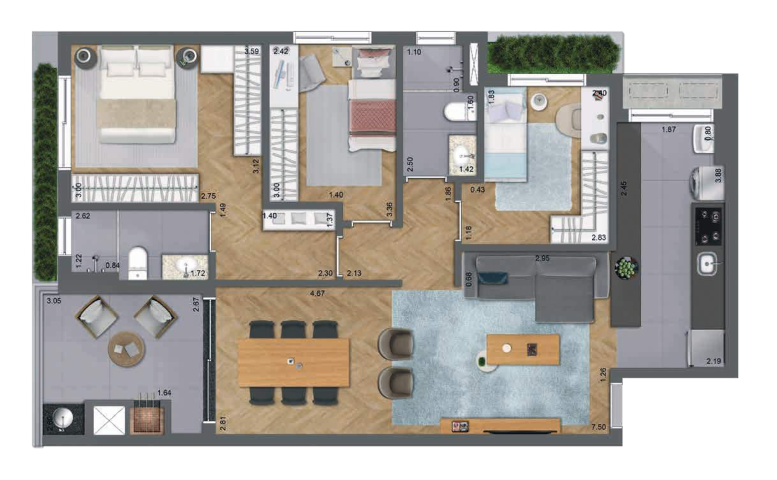 Planta 03 - 3 dorm 94m²