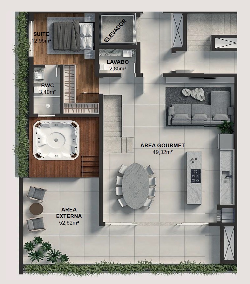 Planta cobertura duplex superior - 4 dorm 255m²
