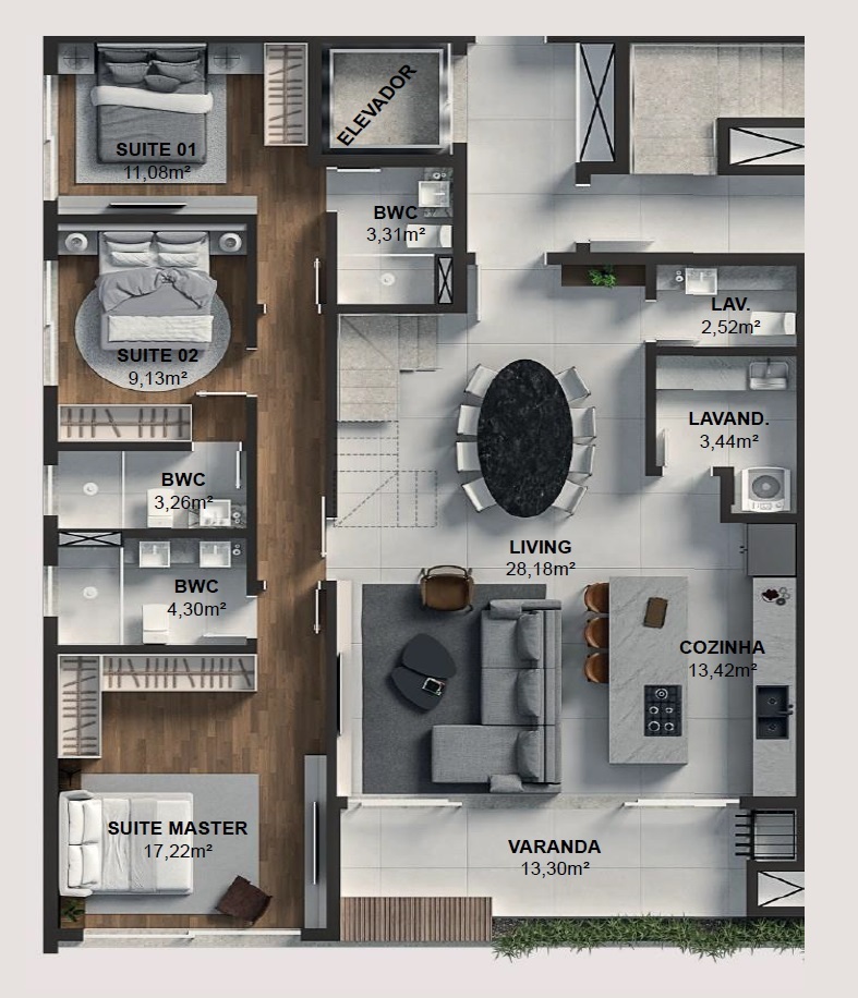 Planta cobertura duplex inferior - 4 dorm 255m²