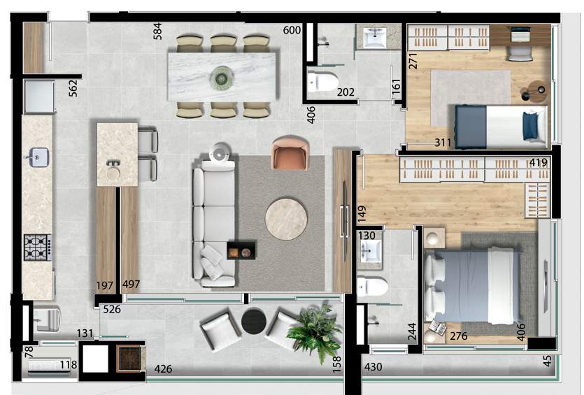 Planta 01 - 2 dorm 90,70m²