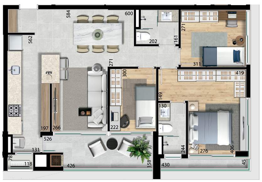 Planta 02 - 3 dorm 90,70m²