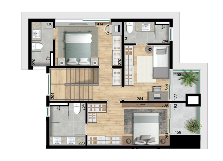 Planta 10 - 3 dorm 159,05m² - cobertura duplex - superior