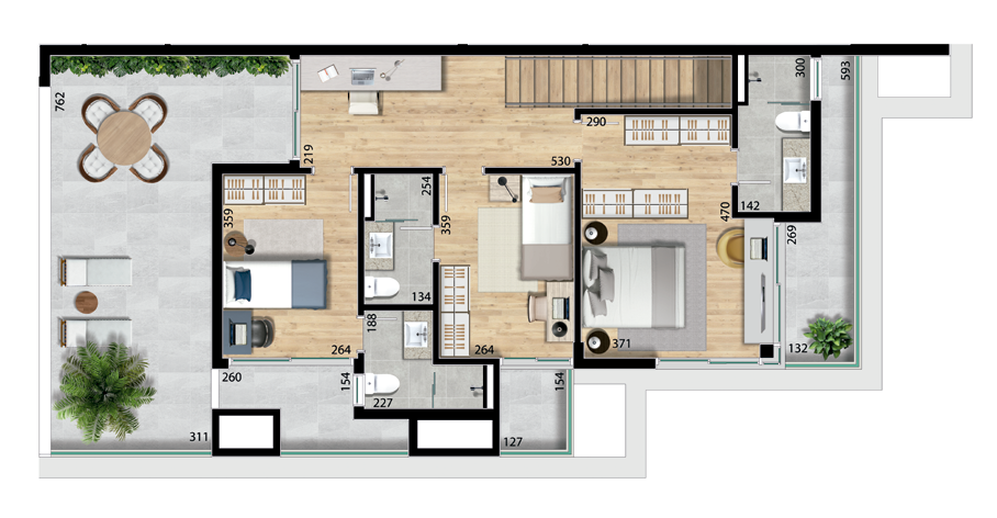Planta 13 - 3 dorm 199,37m² - cobertura duplex - superior