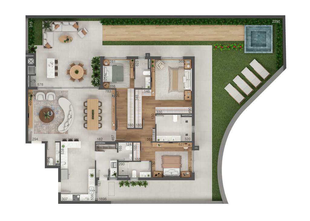 Planta 16 - 3 dorm 324m² - garden