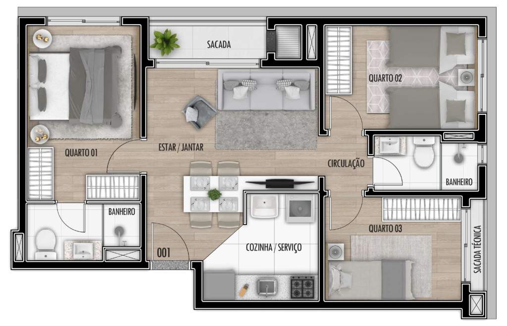 Planta 08 - 3 dorm 57,9m²